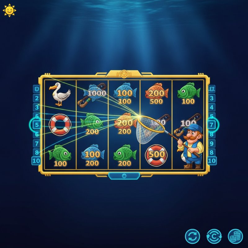 Fishin Frenzy free spins round with fisherman wild collecting fish prize values from the reels