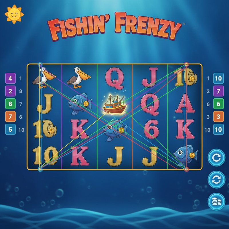 Fishin Frenzy gameplay screen displaying coloured paylines across the five-reel three-row grid