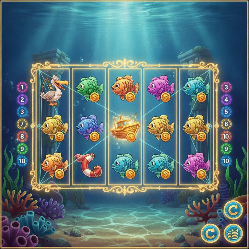 Fishin Frenzy slot main screen showing underwater ocean reels with boat scatter and pelican symbols