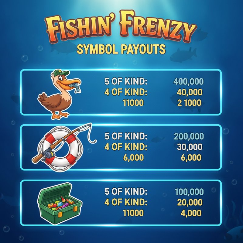 Fishin Frenzy paytable showing pelican, fishing rod, life preserver and tackle box symbol payouts